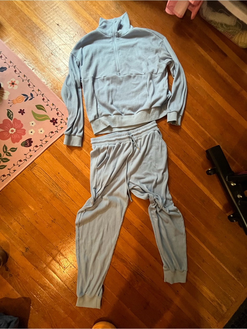 Cozy Light Blue Ribbed Half-Zip Sweatshirt & Jogger Set - Women